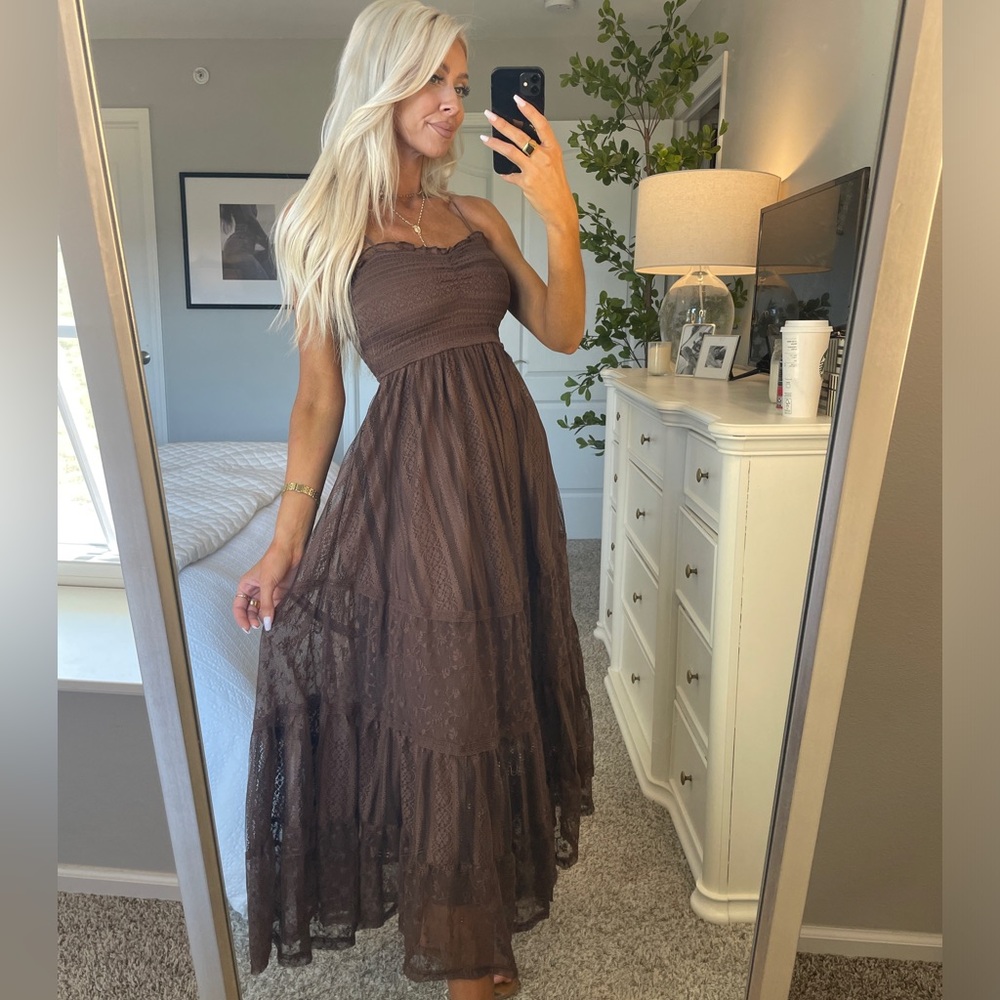 Smocked Lace Tiered Maxi Dress - Brown - Picture 5 of 5